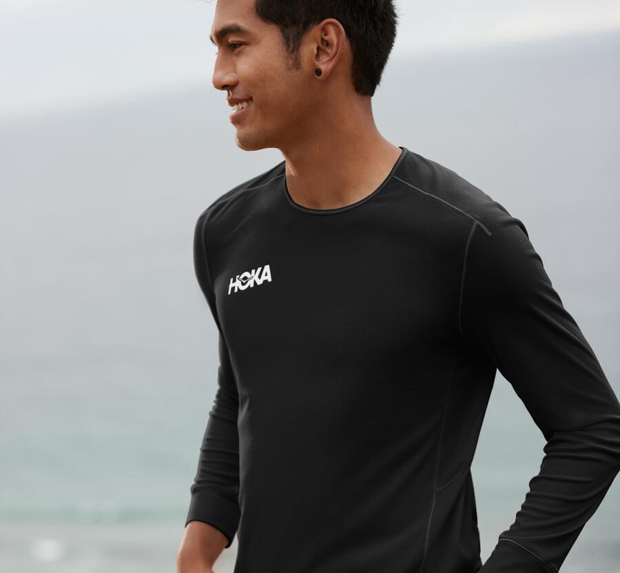 Hoka Australia One One Performance 3/4 Sleeve - Mens Tops Black - WMGVT-7846